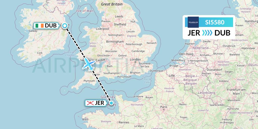SI5580 Blue Islands Flight Map: Jersey to Dublin