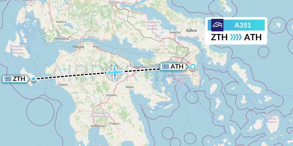 A351 Aegean Airlines Flight Map: Zakynthos to Athens