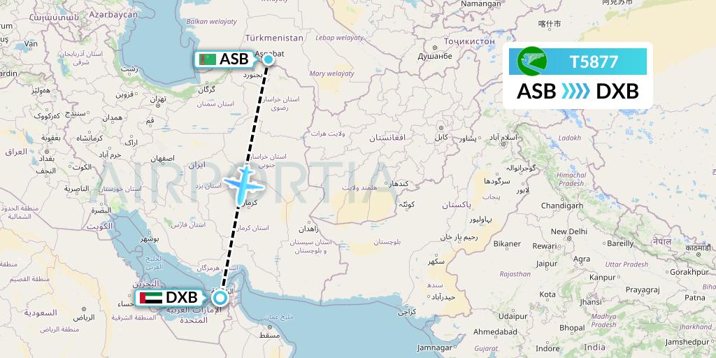 T5877 Turkmenistan Airlines Flight Map: Ashgabat to Dubai