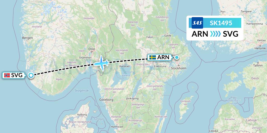 SK1495 SAS Flight Map: Stockholm to Stavanger