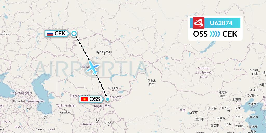U62874 Ural Airlines Flight Map: Osh to Chelyabinsk