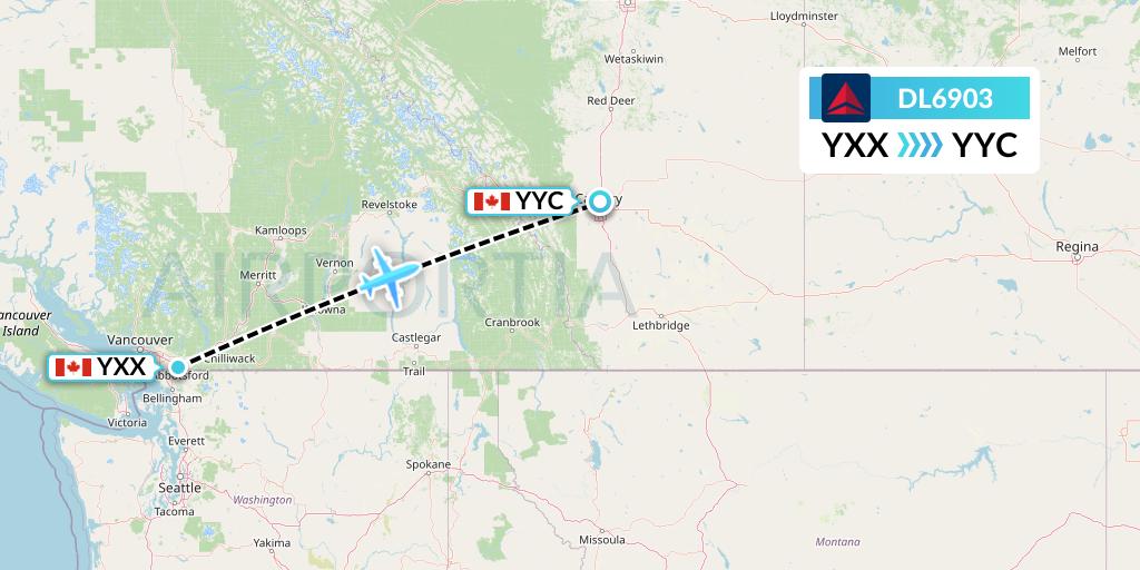 DL6903 Delta Air Lines Flight Map: Abbotsford to Calgary