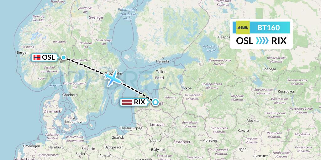 BT160 Air Baltic Flight Map: Oslo to Riga
