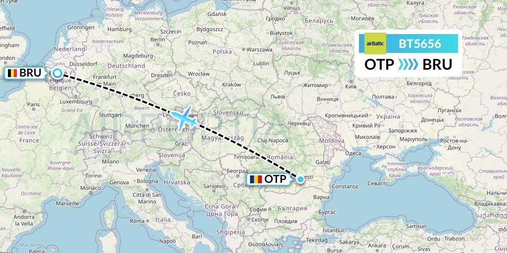 BT5656 Air Baltic Flight Map: Bucharest to Brussels