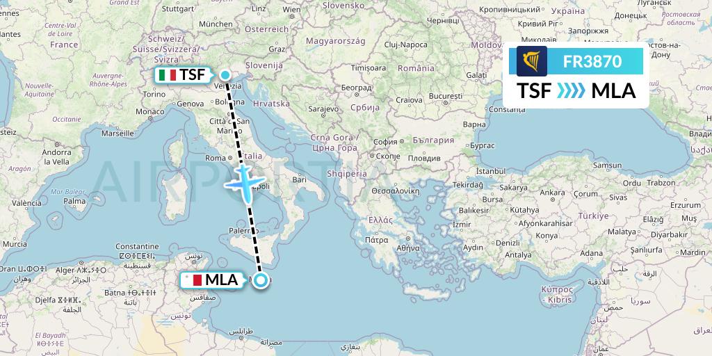 FR3870 Ryanair Flight Map: Treviso to Malta