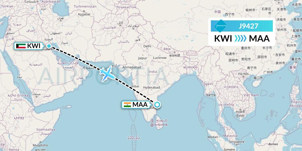 J9427 Flight Status Jazeera Airways Kuwait City to Chennai (JZR427)