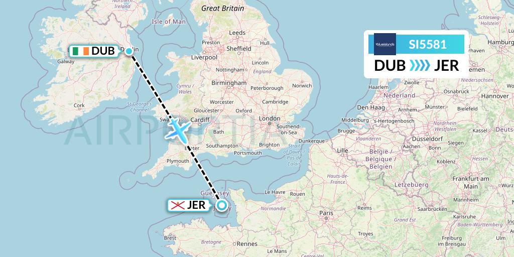 SI5581 Blue Islands Flight Map: Dublin to Jersey