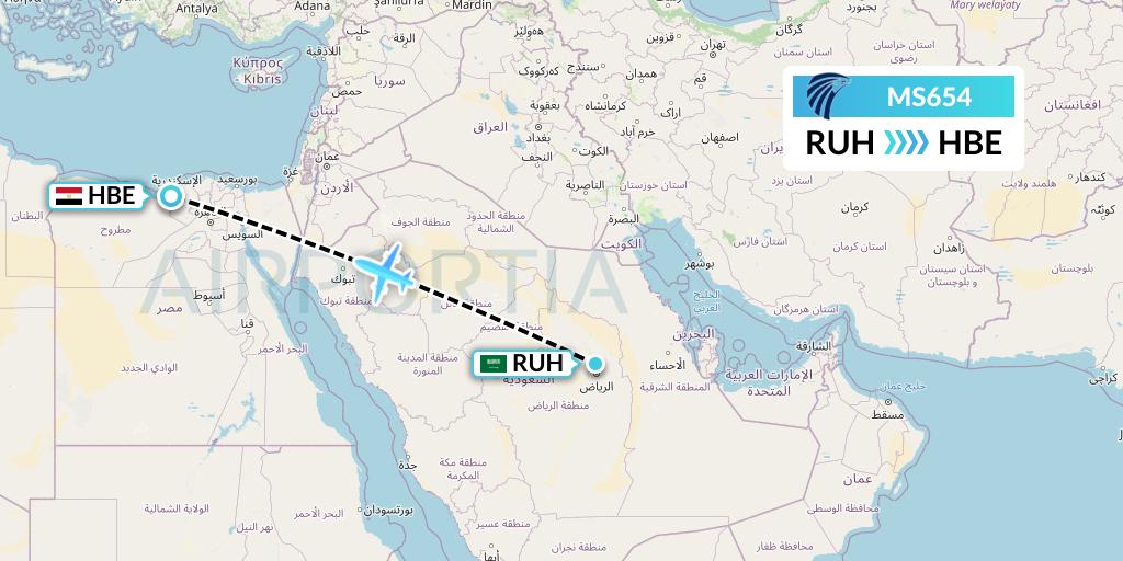 MS654 EgyptAir Flight Map: Riyadh to Alexandria