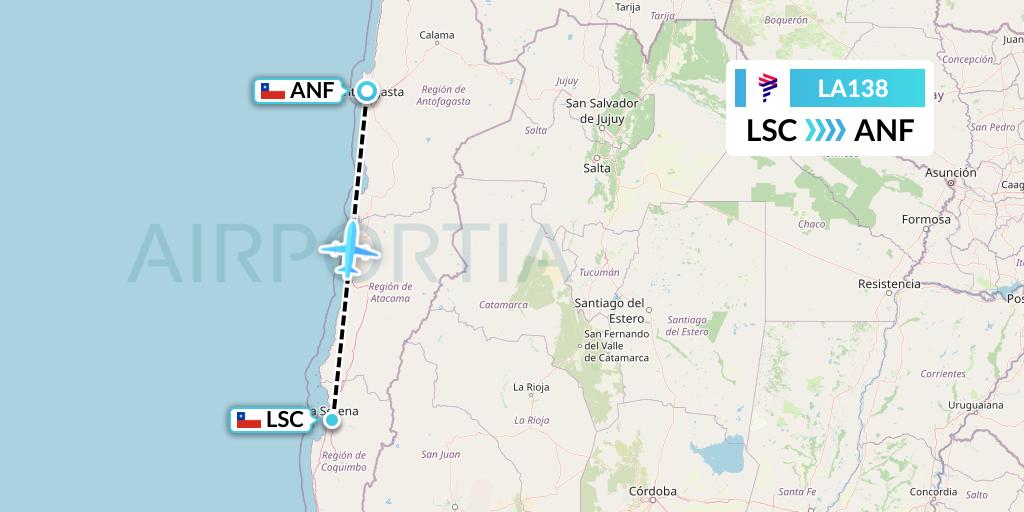 LA138 LATAM Airlines Flight Map: La Serena to Antofagasta
