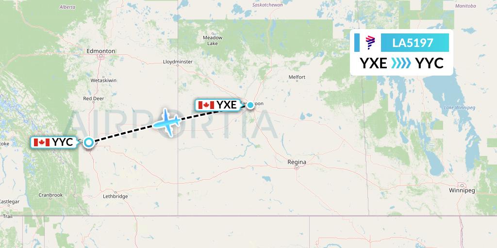 LA5197 LAN Airlines Flight Map: Saskatoon to Calgary