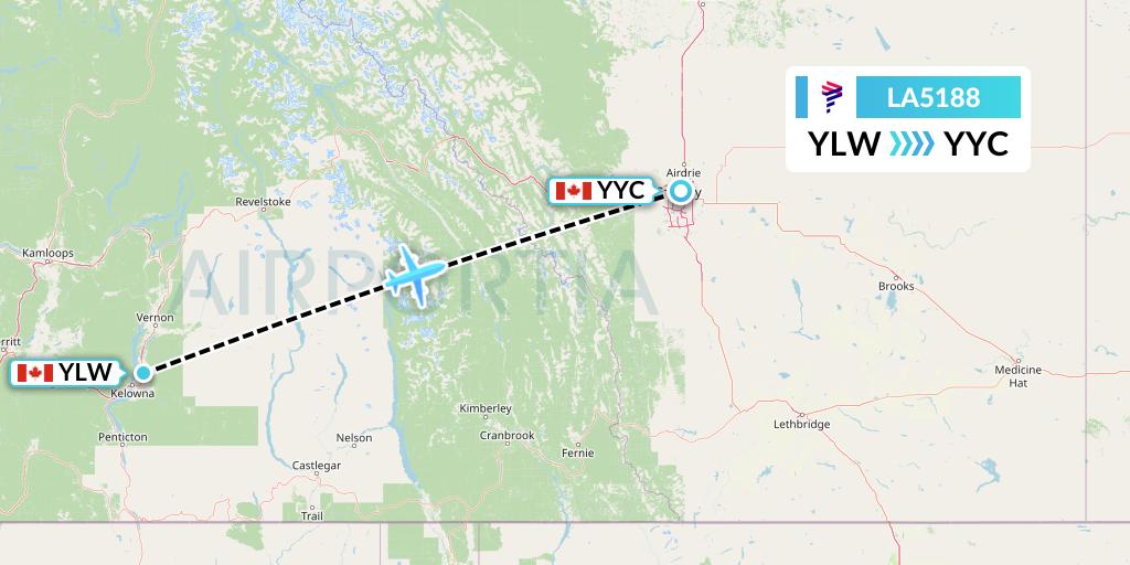 LA5188 LAN Airlines Flight Map: Kelowna to Calgary