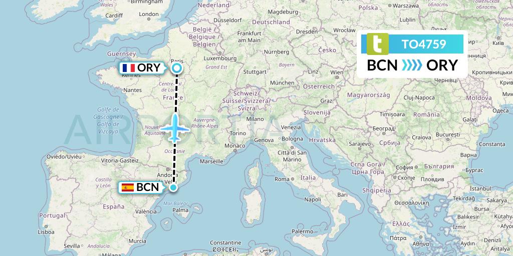 TO4759 Transavia France Flight Map: Barcelona to Paris