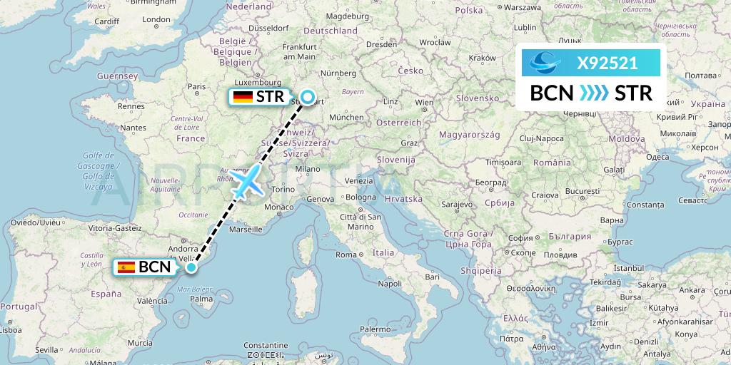 X92521 Avion Express Flight Map: Barcelona to Stuttgart