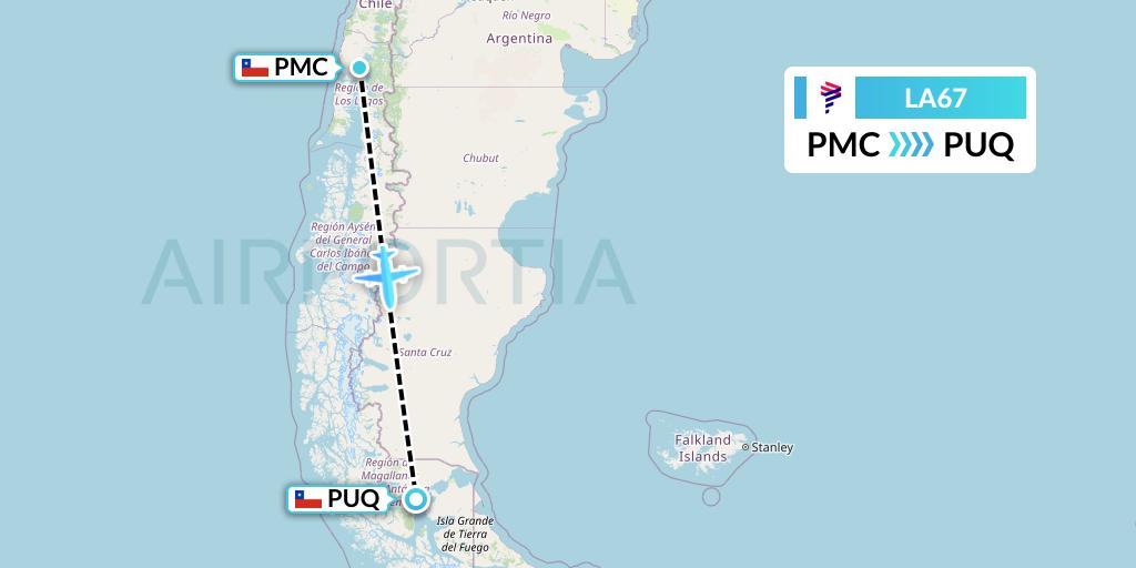 LA67 LAN Airlines Flight Map: Puerto Montt to Punta Arenas