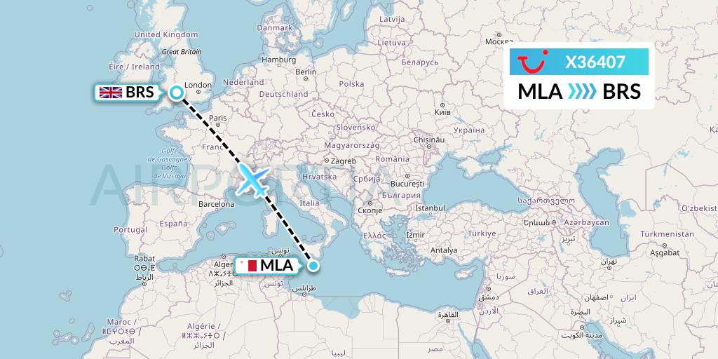 X36407 TUI fly Germany Flight Map: Malta to Bristol