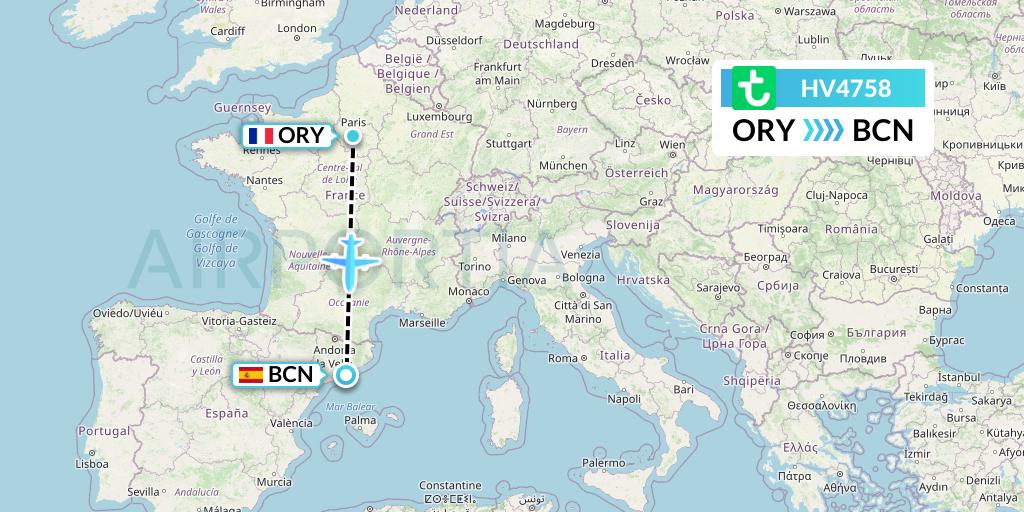 HV4758 Transavia Flight Map: Paris to Barcelona
