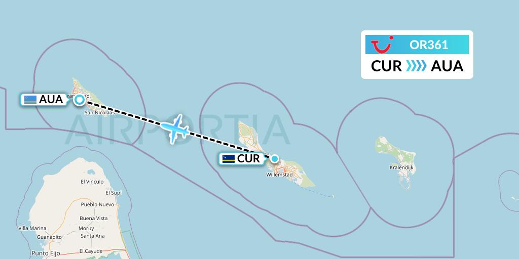 OR361 TUI fly Netherlands Flight Map: Willemstad to Oranjestad