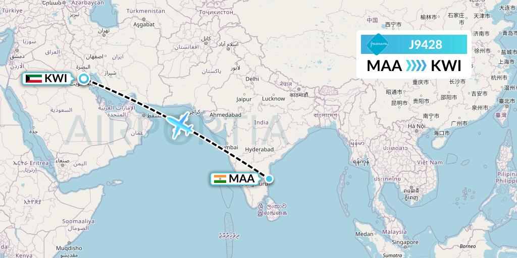 J9428 Jazeera Airways Flight Map: Chennai to Kuwait City