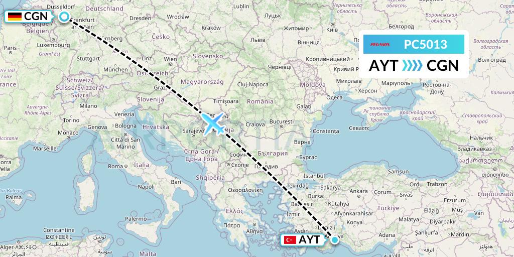 PC5013 Pegasus Airlines Flight Map: Antalya to Cologne