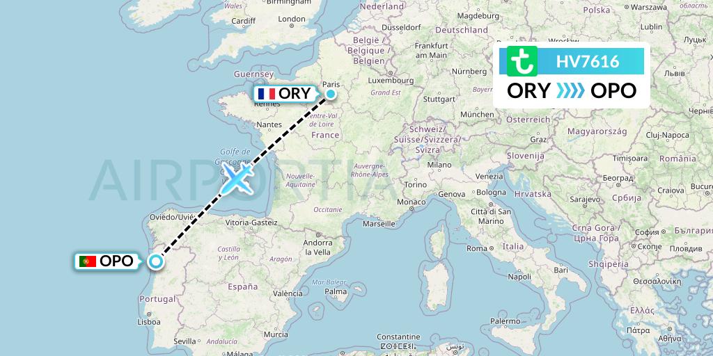 HV7616 Transavia Flight Map: Paris to Porto