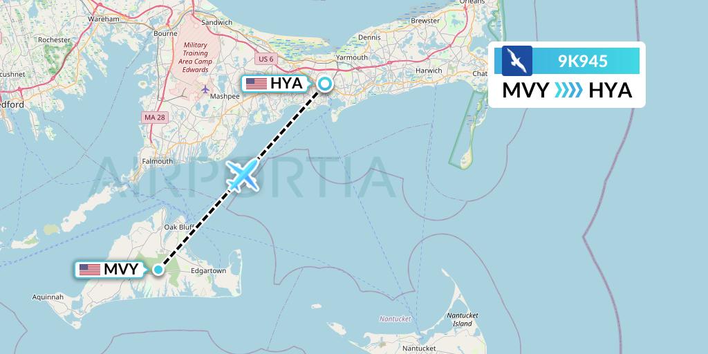 9K945 Cape Air Flight Map: Martha's Vineyard to Hyannis