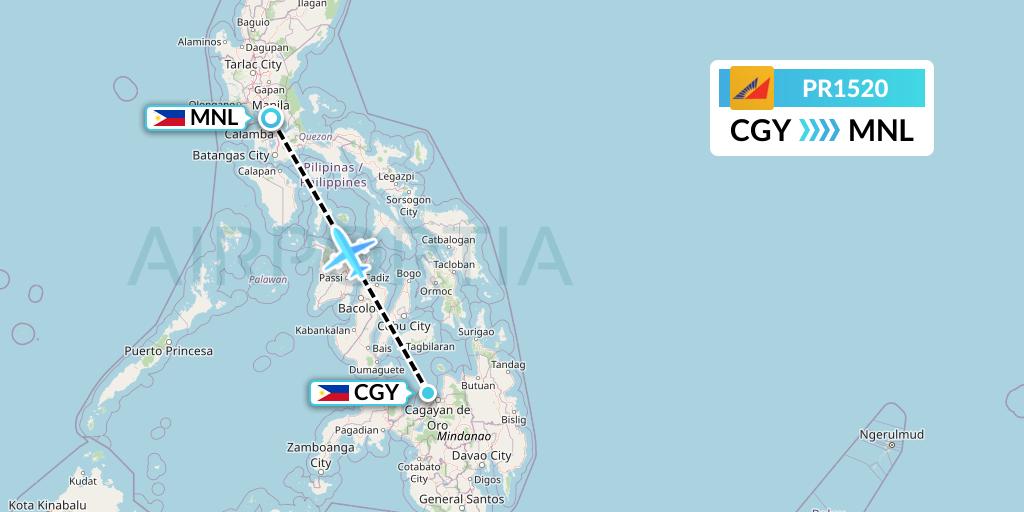PR1520 Philippine Airlines Flight Map: Cagayan de Oro to Manila