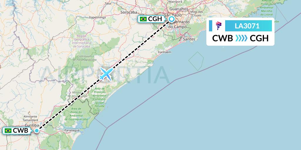 LA3071 LAN Airlines Flight Map: Curitiba to Sao Paulo