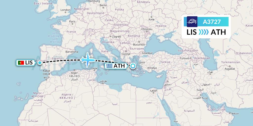 A3727 Aegean Airlines Flight Map: Lisbon to Athens