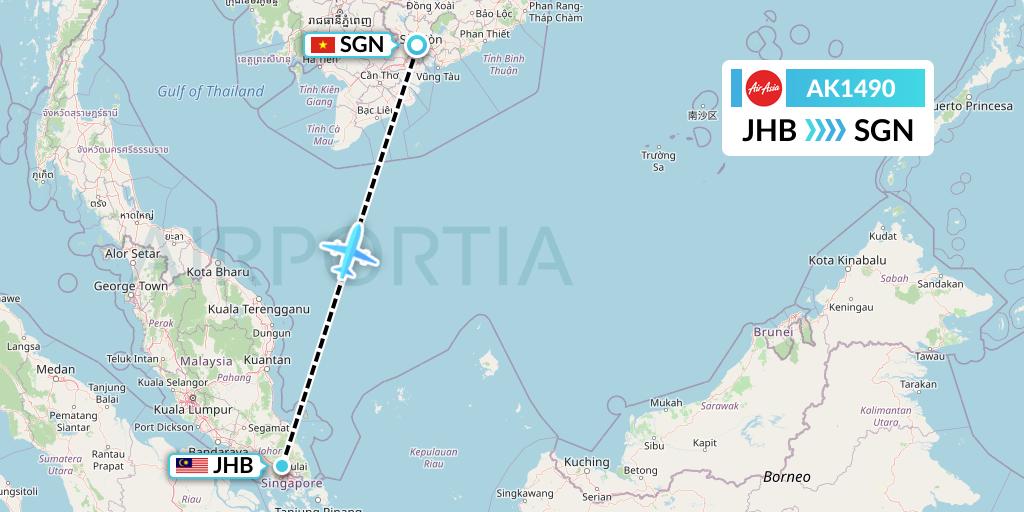 AK1490 AirAsia Flight Map: Johor Bahru to Ho Chi Minh City