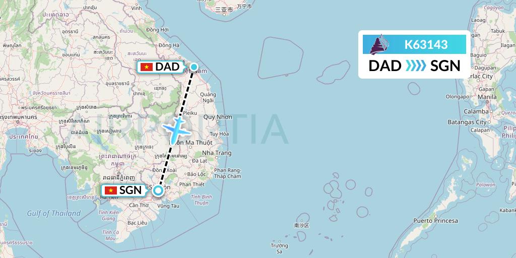K63143 Cambodia Angkor Air Flight Map: Da Nang to Ho Chi Minh City