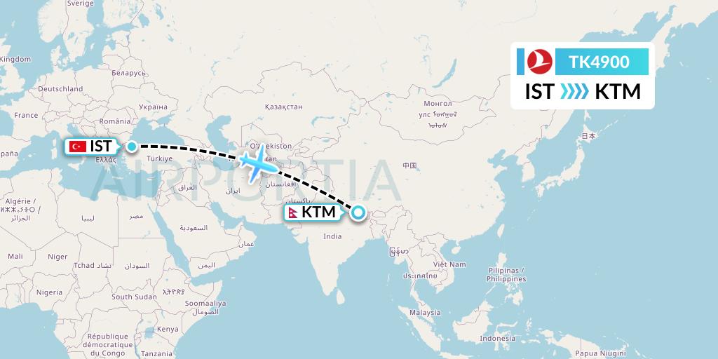 TK4900 Turkish Airlines Flight Map: Istanbul to Kathmandu