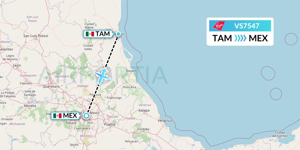 VS7547 Virgin Atlantic Airways Flight Map: Tampico to Mexico City