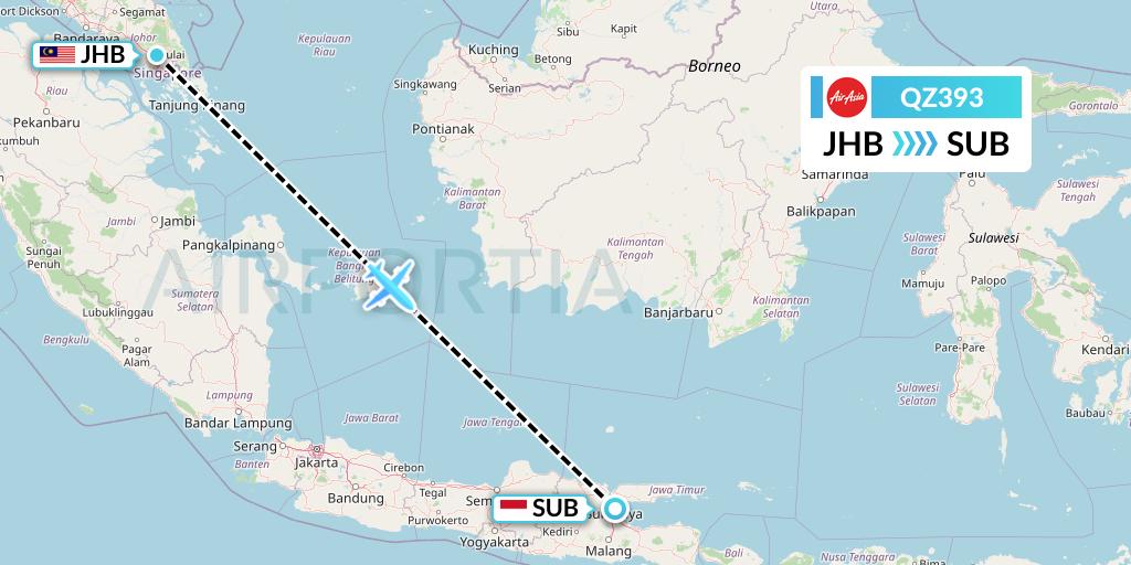 QZ393 Indonesia AirAsia Flight Map: Johor Bahru to Surabaya