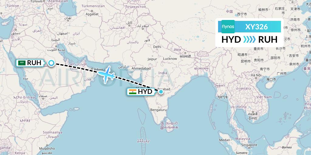 XY326 Flynas Flight Map: Hyderabad to Riyadh
