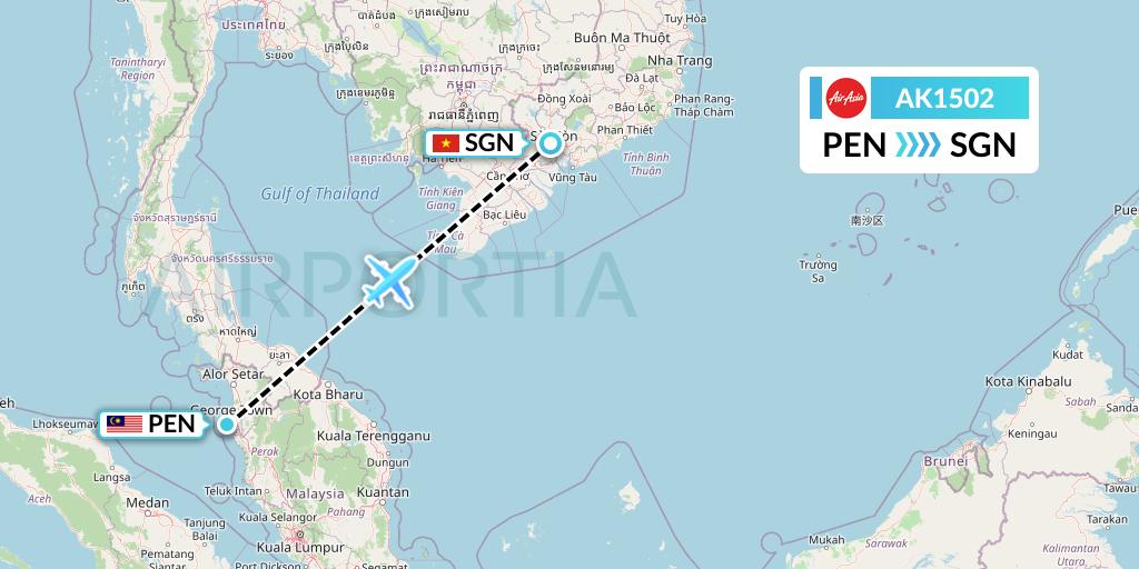 AK1502 AirAsia Flight Map: Penang to Ho Chi Minh City