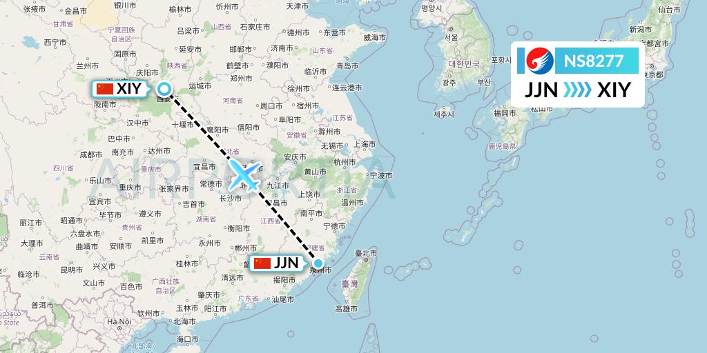 NS8277 Hebei Airlines Flight Map: Jinjiang to Xi'an