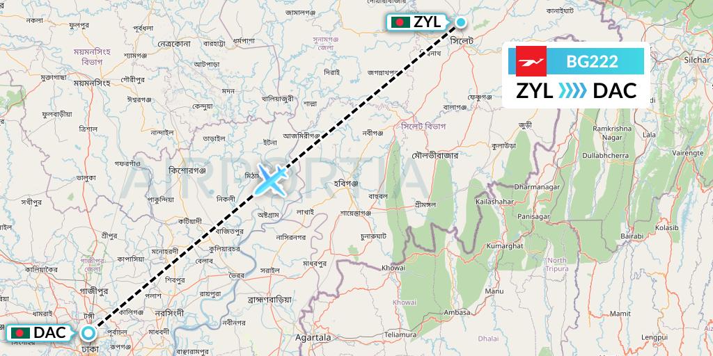 BG222 Biman Bangladesh Airlines Flight Map: Sylhet to Dhaka