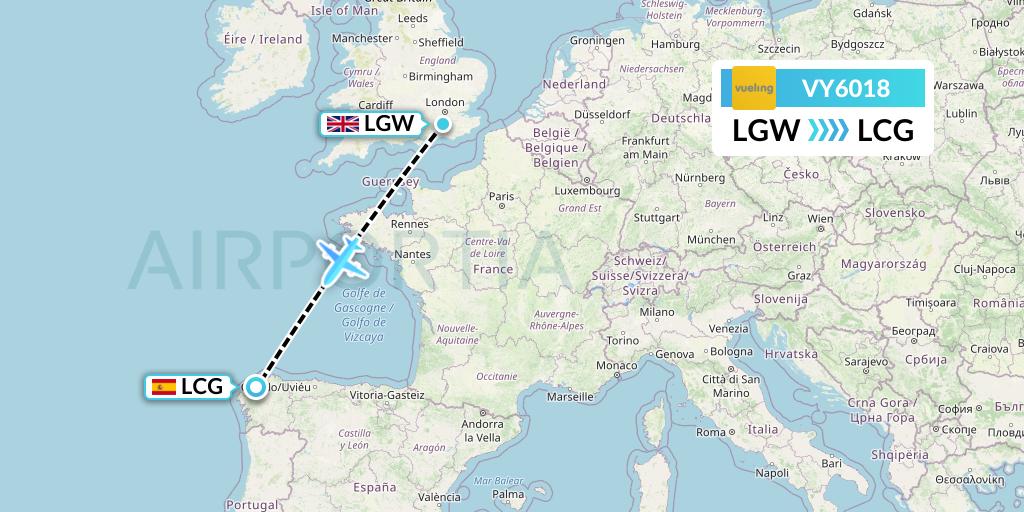 VY6018 Vueling Flight Map: London to A Coruna