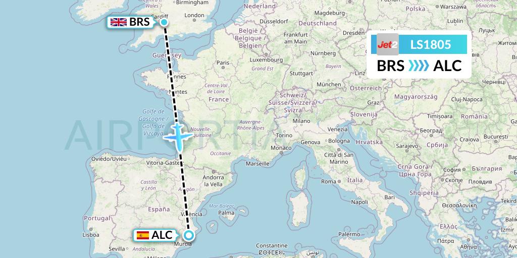 LS1805 Jet2 Flight Map: Bristol to Alicante