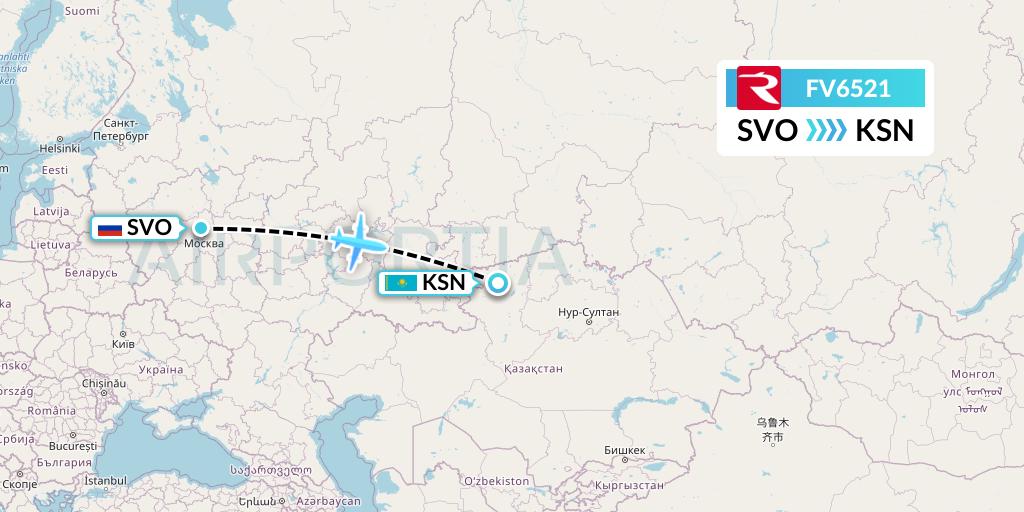 FV6521 Rossiya Flight Map: Moscow to Kostanay