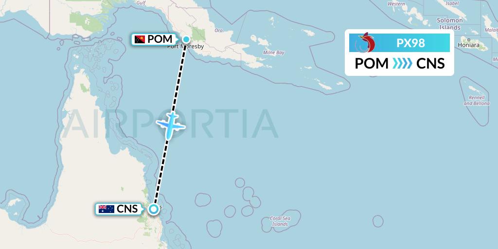 PX98 Air Niugini Flight Map: Port Moresby to Cairns