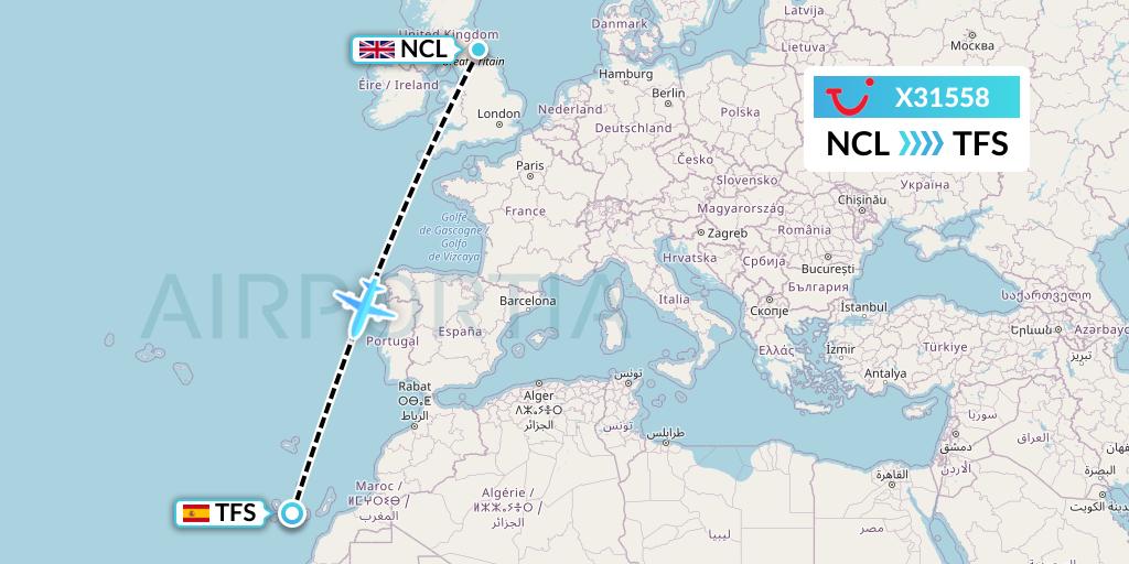 X31558 TUI fly Germany Flight Map: Newcastle to Tenerife