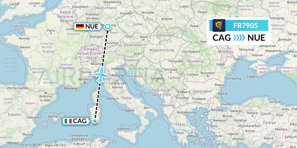 FR7905 Ryanair Flight Map: Cagliari to Nurnberg