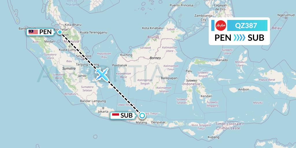 QZ387 Indonesia AirAsia Flight Map: Penang to Surabaya