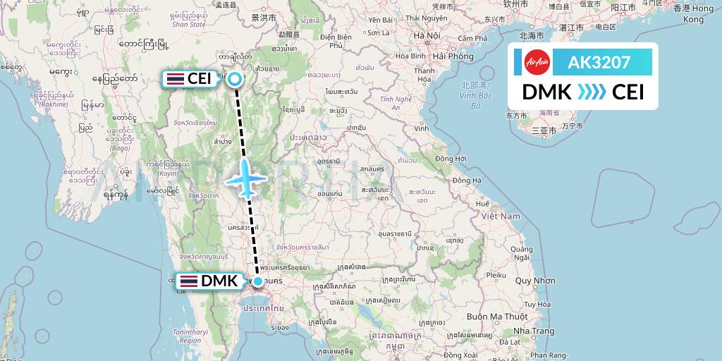 AK3207 AirAsia Flight Map: Bangkok to Chiang Rai