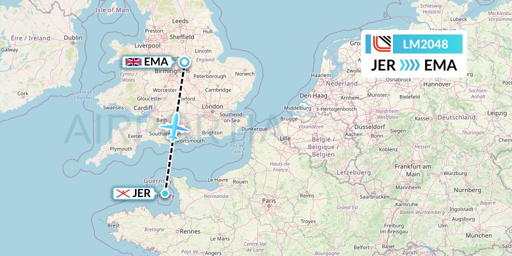 LM2048 Loganair Flight Map: Jersey to East Midlands