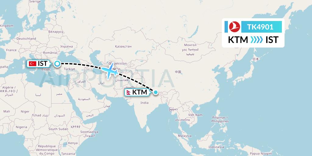 TK4901 Turkish Airlines Flight Map: Kathmandu to Istanbul