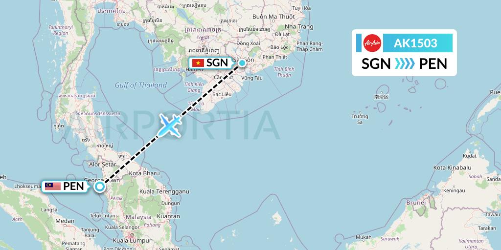 AK1503 AirAsia Flight Map: Ho Chi Minh City to Penang