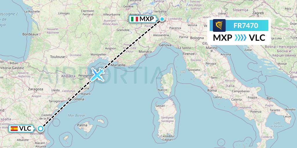 FR7470 Ryanair Flight Map: Milan to Valencia
