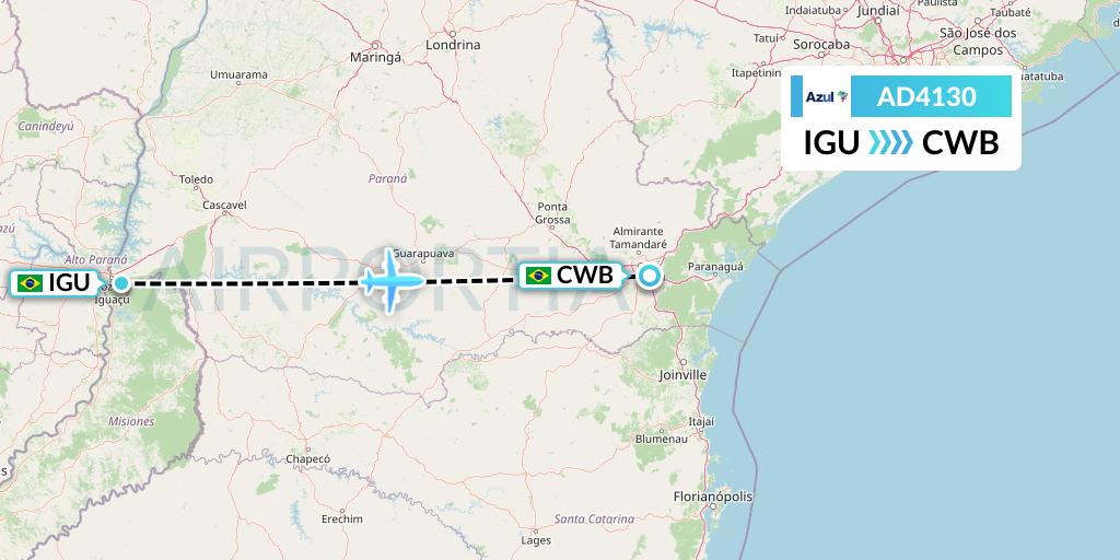 AD4130 Azul Brazilian Airlines Flight Map: Foz do Iguacu to Curitiba
